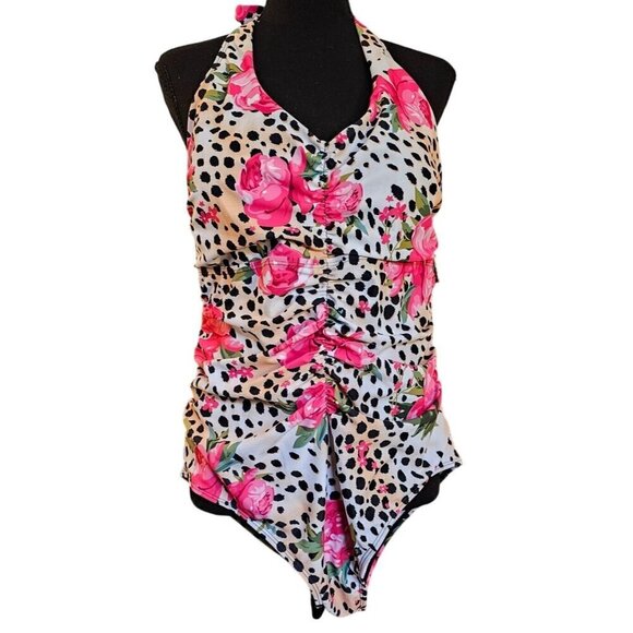 Womens Floral & Leopard Print One-Piece Halter Swimsuit By Noon Swim Size 20 - Picture 1 of 8